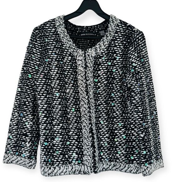 Dana Buchman Sequin Wool Angora Blend Tweed Cardigan Sweater Size Large - Picture 1 of 4
